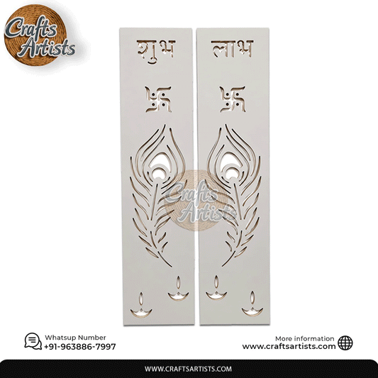 Wooden Door with Sarmica CNC Cut Shubh Labh & Peacock Feather Design-1