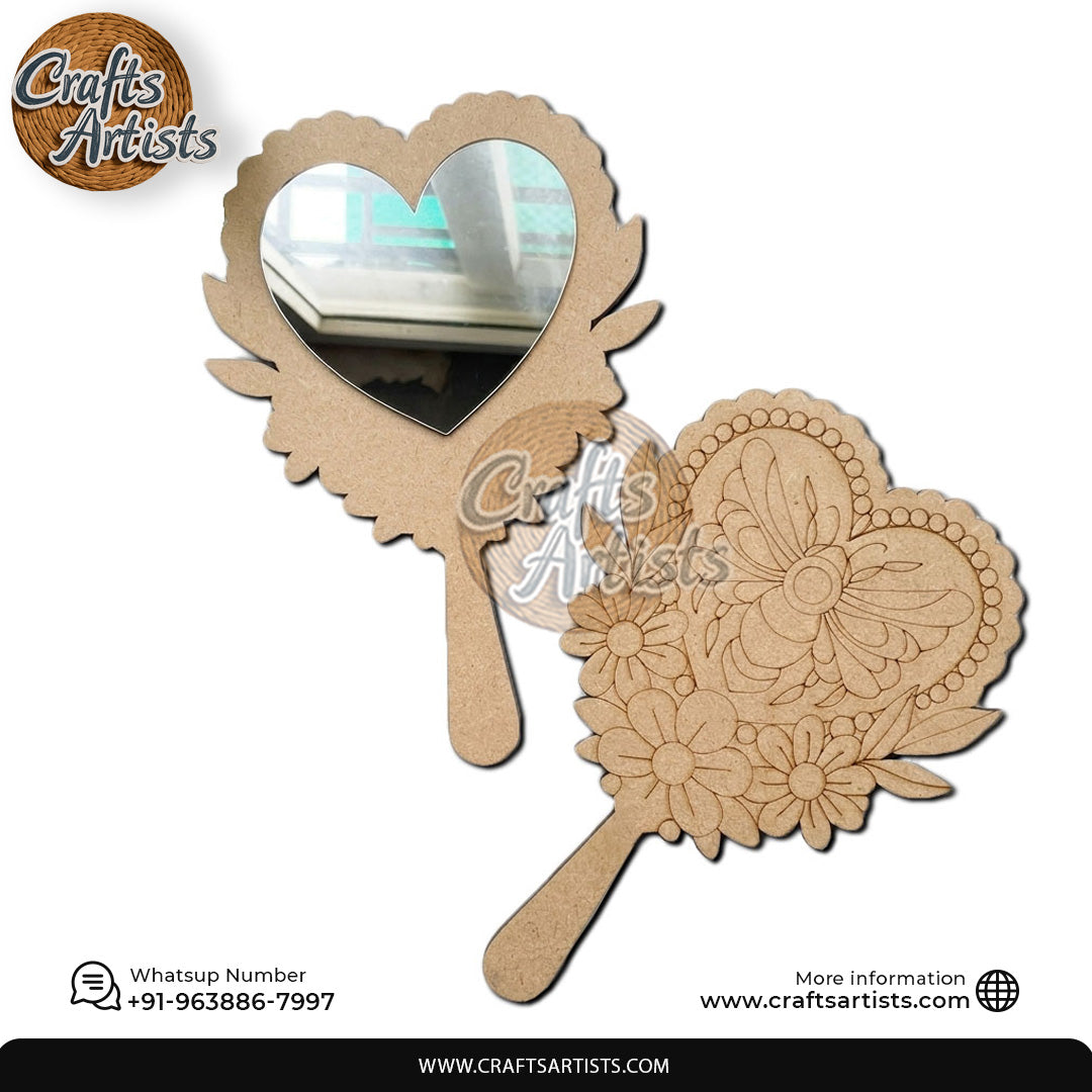 Princess Hand Mirror MDF Laser Cutout Design 1 | Floral Heart Shape DIY Craft Mirror Frame