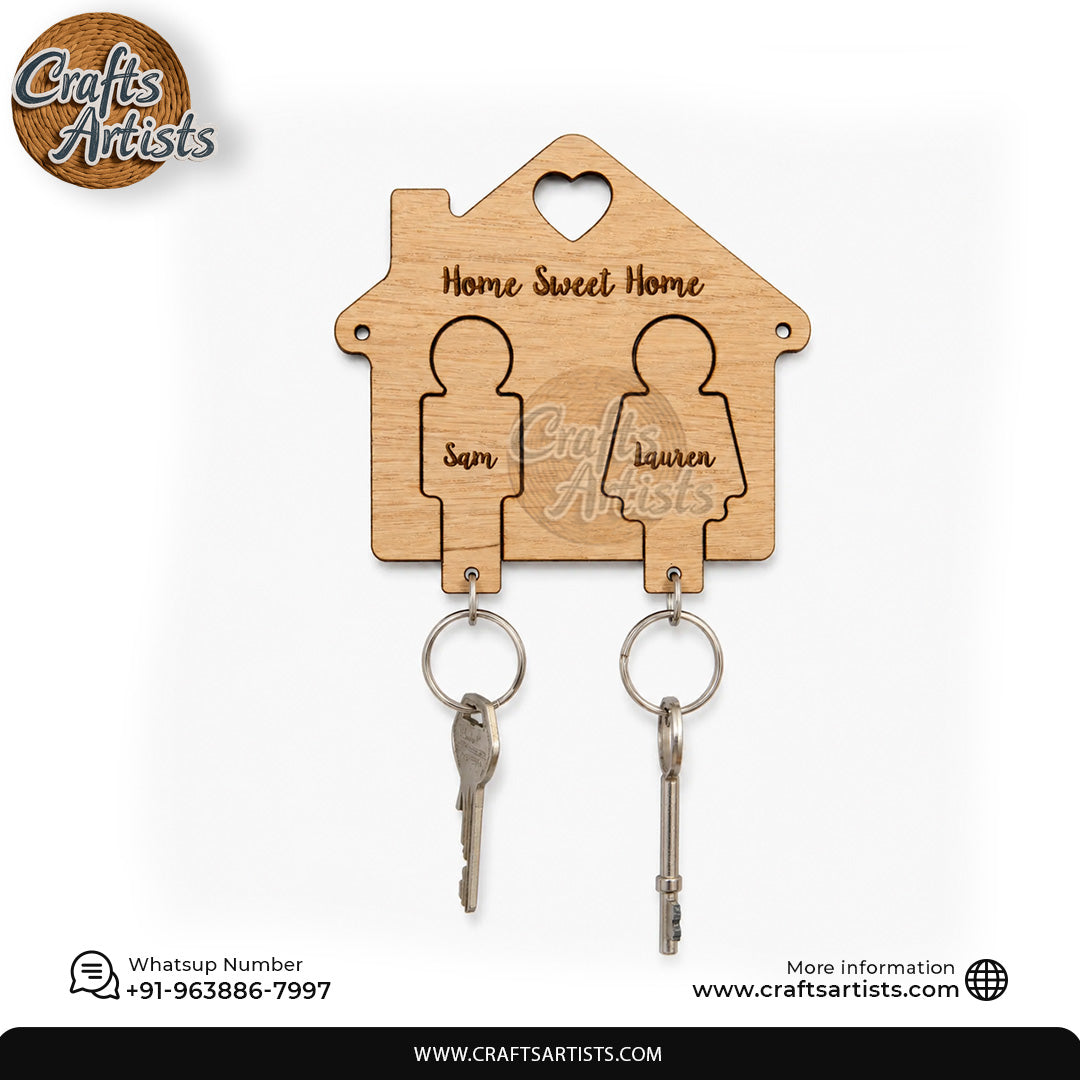 Wooden Couple Key Holder | Sweet Home Pattern Laser MDF Cutout Key Chain Holder Decor Design-1