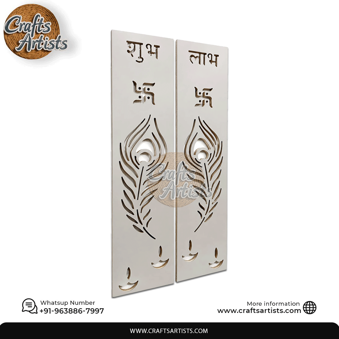 Wooden Door with Sarmica CNC Cut Shubh Labh & Peacock Feather Design-1